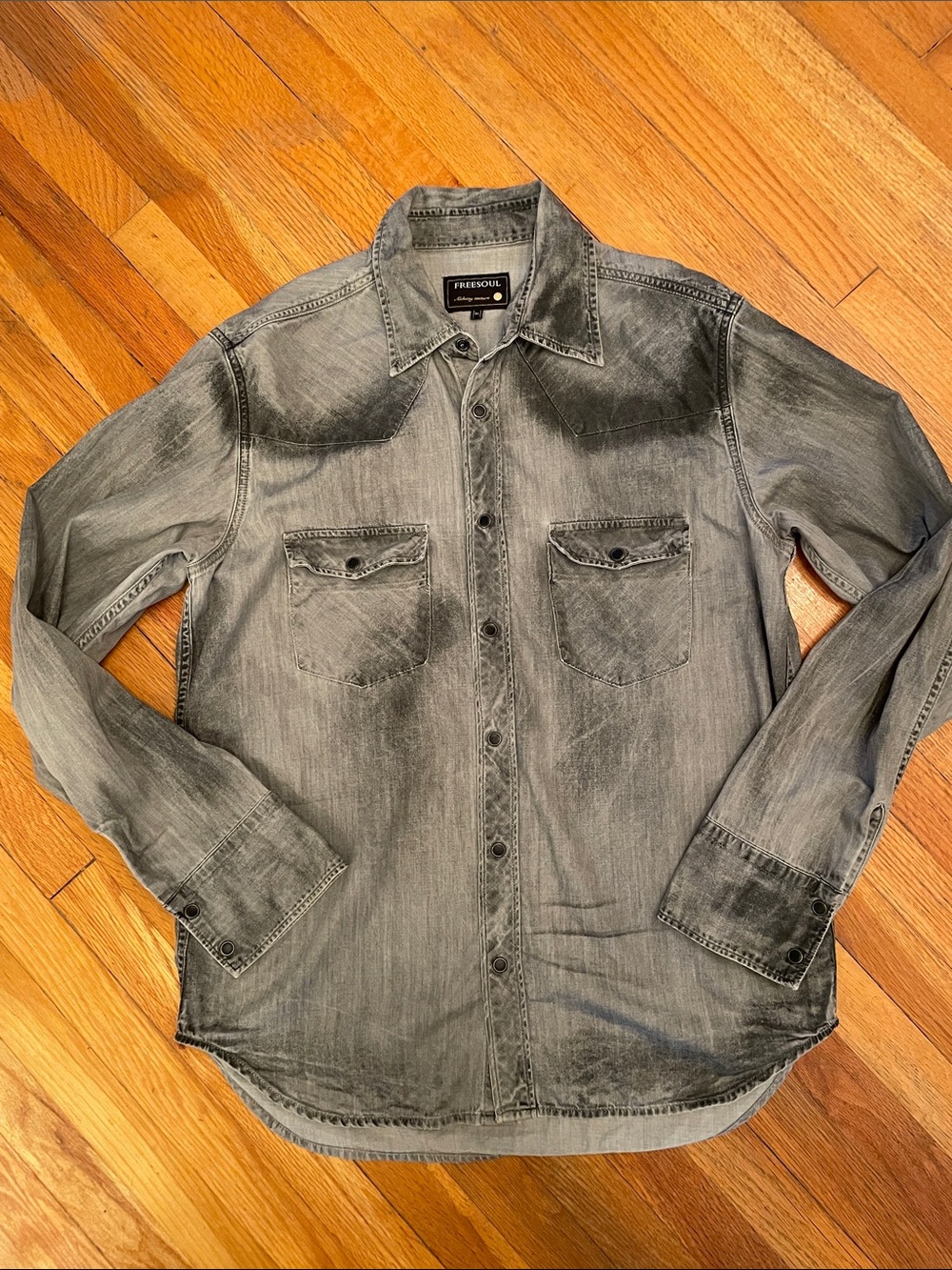 FREESOUL Men’s Washed Gray Denim Snap-Button Western Cowboy Rodeo Urban Shirt